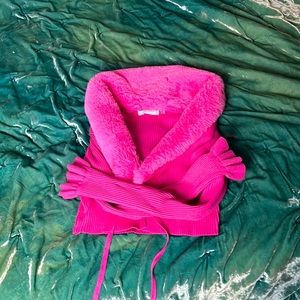 Vintage Y2K, pink cropped fluffy sweater with long sleeves and ruffles